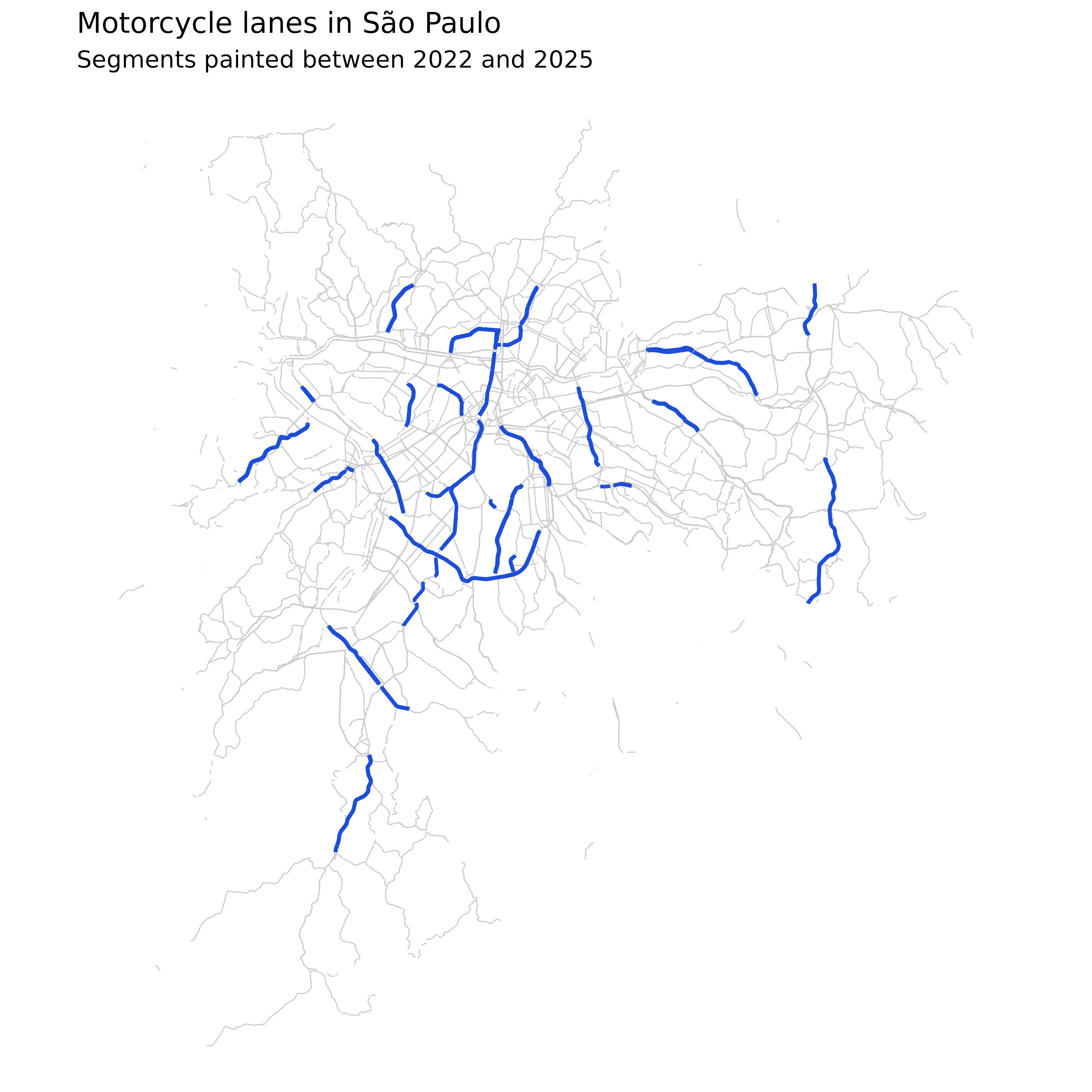 Map of São Paulo showing the road segments in the study as faint gray lines, with the motorcycle lanes drawn in blue on top. The blue corridors are scattered across the city, several of them radiating from the center.