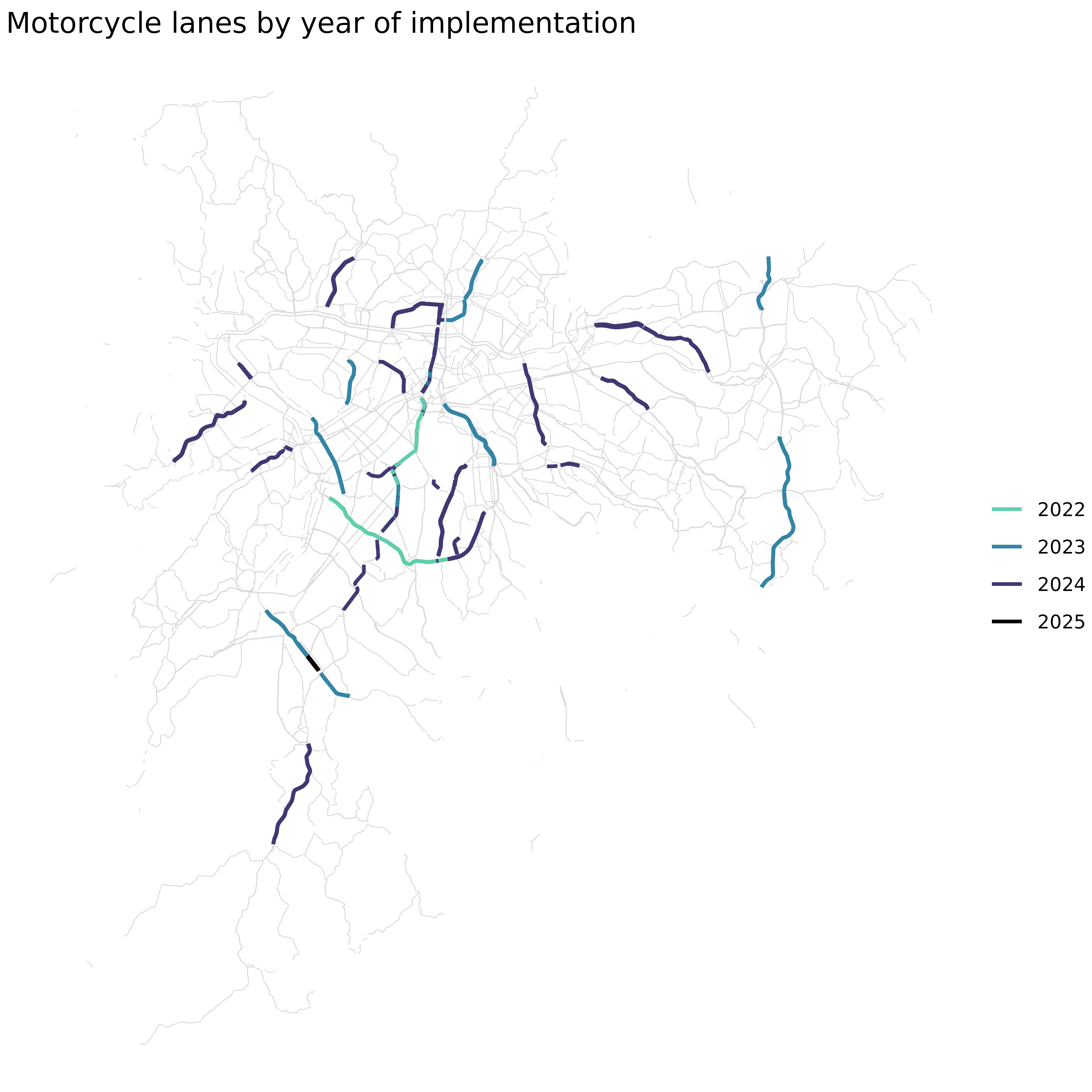 The same map of motorcycle lanes, now colored by the year each segment was painted, running from green in 2022 through blue and purple to black in 2025.