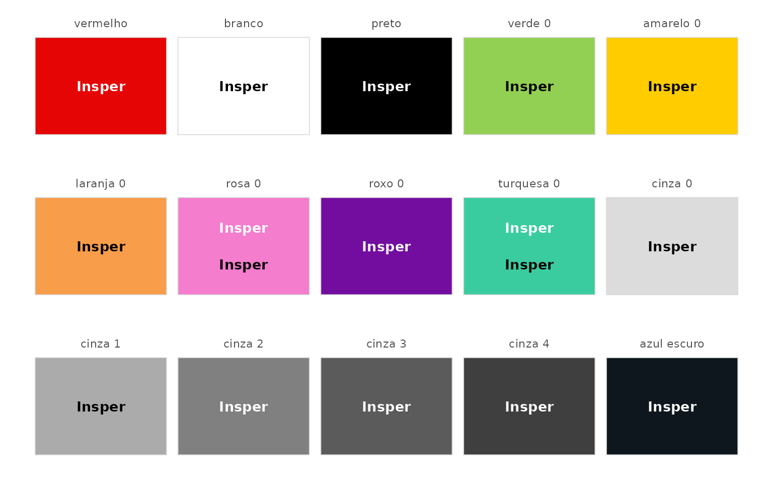 Grid of Insper base colors, each swatch labeled with sample text in the permitted color: white, black, or both.